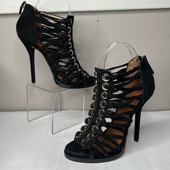 Givenchy Sz 38.5 Black Suede High Heel Peep Toe Strappy Back Zip Sandals Booties - Picture 1 of 11